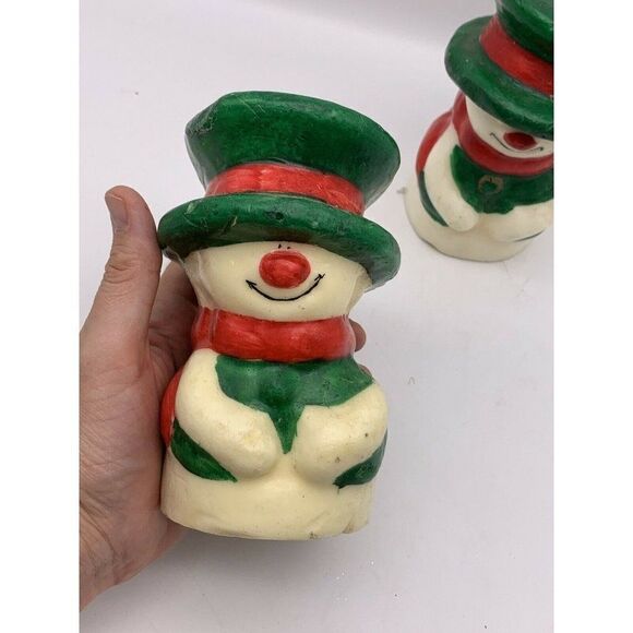 2 Vintage Wax Candles Snowman Green Top Hat - Picture 4 of 9